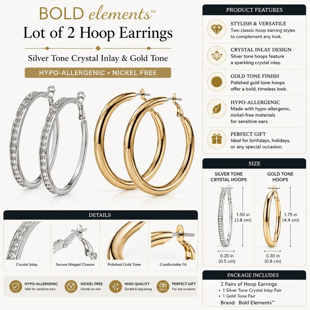 Bold Elements Lot- 2 Hoop Earrings Silver Tone Crystal Inlay & Gold Tone Finish